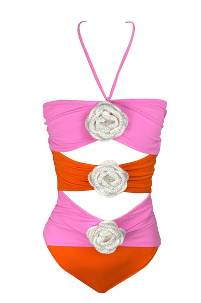 NESSI BYRD Girl Daggy Orange & Pink w/White Crochet Flower One Piece Swimsuit 3