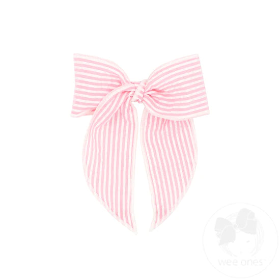 WEE ONES Girl Med Seersucker Pink/White Stripes Fabric Bow