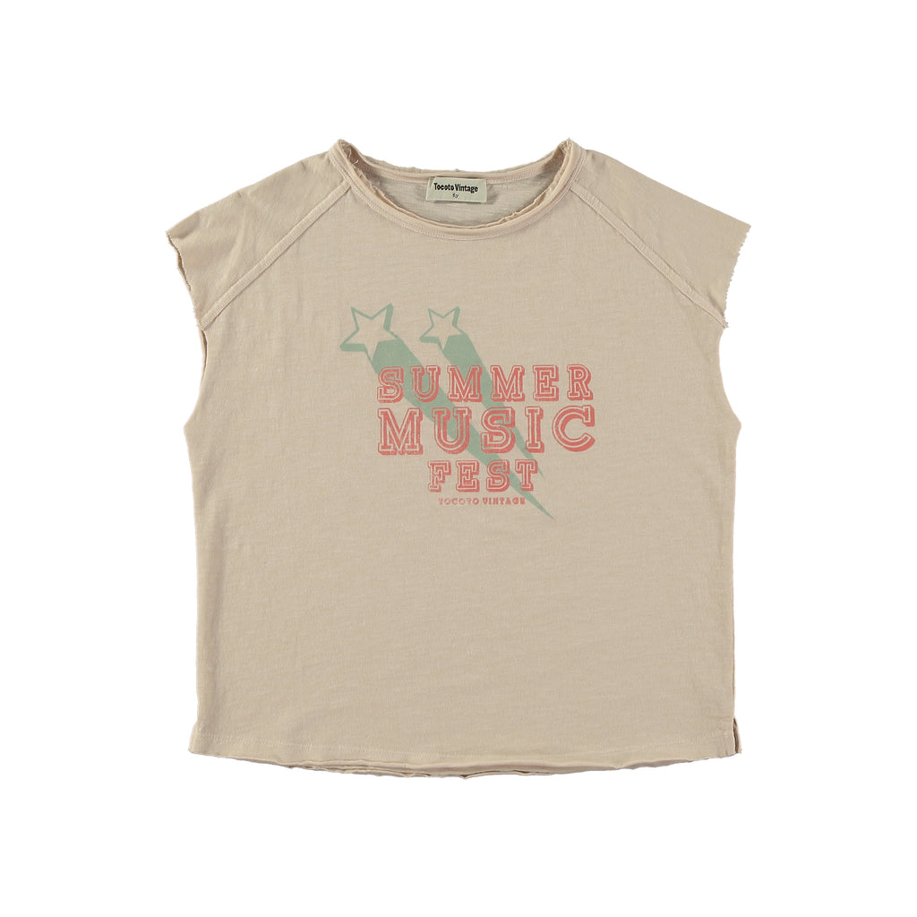 Kids Summer Music Fest Printed Sleeveless Beige T-Shirt TOCOTO VINTAGE