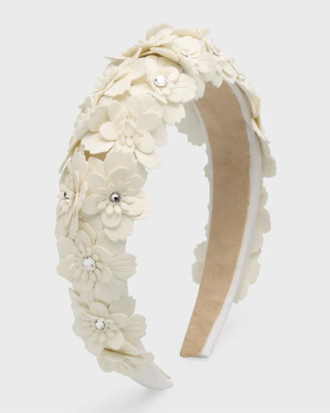 BARI LYNN Girl Leather Flower Crystalizer Padded Off-White Headband