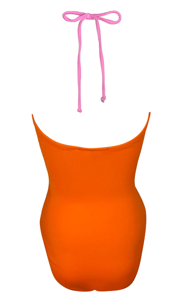 NESSI BYRD Girl Daggy Orange & Pink w/White Crochet Flower One Piece Swimsuit 2